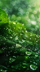 Wall Mural - Close-up of dew drops on a green leaf with blurred background.