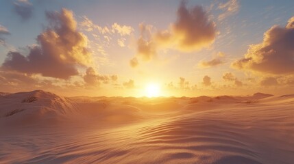 Sticker - Design an image of a desert morning with the sun climbing above the dunes, casting a soft, golden light over the sand and creating a peaceful