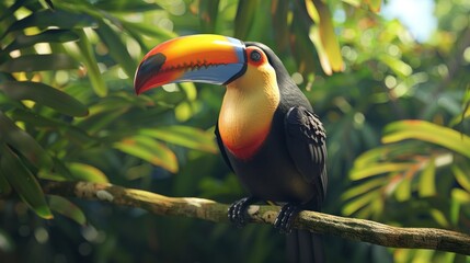 Wall Mural - A colorful bird with a long beak is perched on a branch in a lush green forest