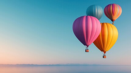  A cluster of vibrant hot air balloons floating above a calm lake, reflected on the water s surface, Clear sky, soft lighting, pastel hues
