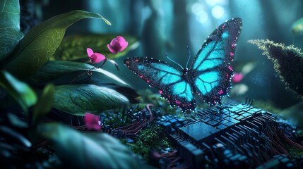 A digital butterfly with pixelated wings, flying over a forest where natural leaves are intertwined with technological elements like microchips