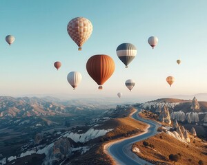 Poster - A cluster of hot air balloons floating over a city park on a bright clear day, Urban landscape, cheerful atmosphere, soft light