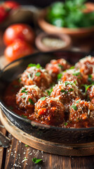 Wall Mural - Perfectly Cooked Meatballs with Fresh Parsley and Parmesan Cheese in Rustic Kitchen