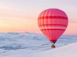 Wall Mural - Hot air balloons floating over a snowy landscape at sunrise, with the clear sky glowing in shades of pink and orange, Cool tones, peaceful, serene