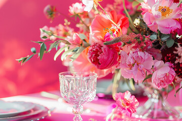 A table with a pink tablecloth and a vase of pink flowers