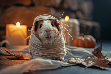 Wall Mural - A small brown and white guinea pig is wrapped in a white cloth