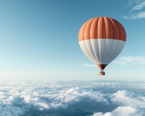 Wall Mural - A single hot air balloon floating high above the clouds, with a bright blue sky and the earth far below, Dreamlike, soft sunlight, ethereal