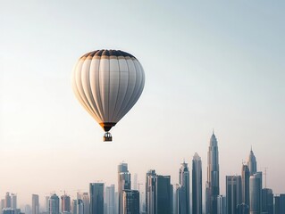 Wall Mural - A single hot air balloon rising over a city skyline at dusk, the clear sky glowing with the last light of day, Urban landscape, soft light, serene