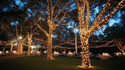 Poster - Envision a grand celebration in an outdoor setting where the trees are illuminated with cascading lights.