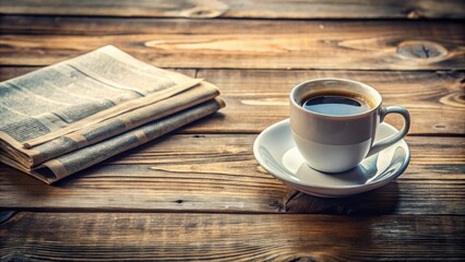 Canvas Print - Coffee cup and newspaper neatly placed on a rustic wooden table, perfect for a morning pick-me-up or coffee break