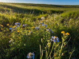 Sticker - Wildflowers in a green meadow under a blue sky.