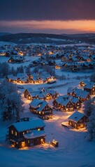 Sticker - Winter village with snow-covered houses and glowing lights at dusk.