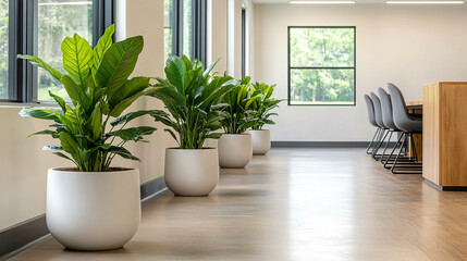 Poster - Bright and airy office interior featuring lush green plants in stylish pots, enhancing the modern workspace ambiance.