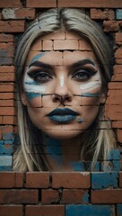 Wall Mural - Woman’s face painted on a weathered brick wall