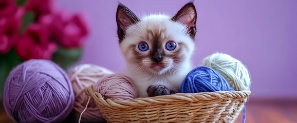 Wall Mural - A cute kitten with blue eyes sits in a basket with balls of yarn.