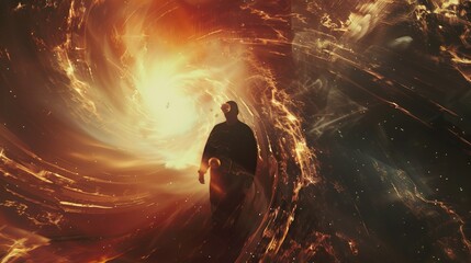 A lone figure walks through a swirling vortex of fire and light.