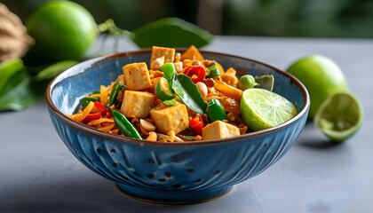 Vibrant vegetarian pad Thai with tofu, peanuts, and fresh lime served in a blue ceramic bowl on a stylish gray table