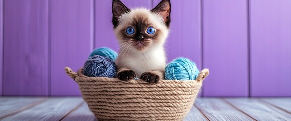 Wall Mural - A cute kitten with blue eyes sits in a woven basket with blue yarn balls on a purple background.