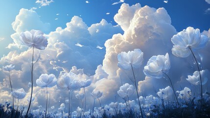 Sticker - landscape where cloud flowers grow tall and graceful, their petals reaching towards the heavens.