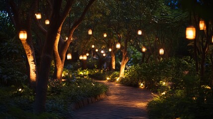 Wall Mural - quiet garden path illuminated by tree lights that guide the way with a gentle glow.