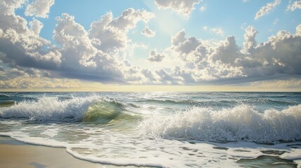 Wall Mural - serene beach scene with gentle waves and a sky filled with soft, white clouds, the sunlight reflecting off the water and casting a calming glow