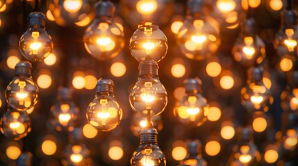 Fototapete - An eye-catching design composed of multiple bright light bulbs, each illuminated to different extents, forming a unique pattern. Close-up photo with clean background