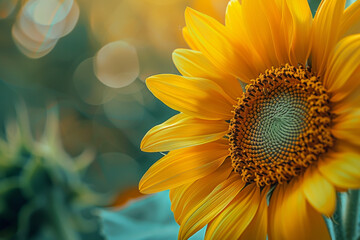 Sticker - A close up of a yellow sunflower with a blue background