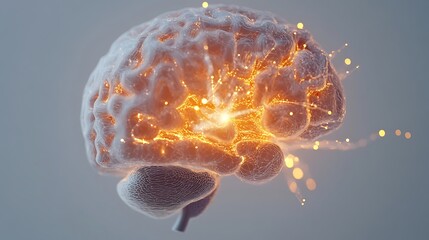 Wall Mural - High-tech brain model with intricate, glowing neural links and precise details, set against a minimal light background for a modern, digital look