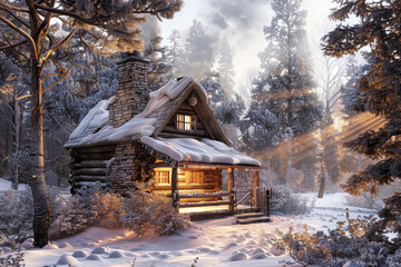 Poster - A cabin in the woods with a fireplace and a porch