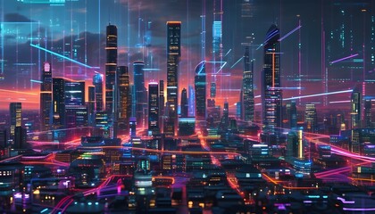 Wall Mural - Neon-illuminated futuristic cityscape showcasing digital data and technology interconnectedness, embodying innovation and a vibrant digital landscape.