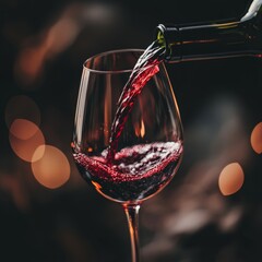 A deep red wine being poured into a crystal glass, the liquid swirling with rich color and aroma