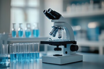 Wall Mural - science experiment concept banner with microscope and test tubes on lab table in empty laboratory