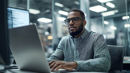 in a modern office, a black it programmer focuses on his computer, skilled in websites, software, ap