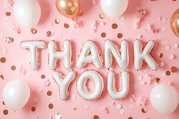 Thank you balloon message with festive decoration on pink background