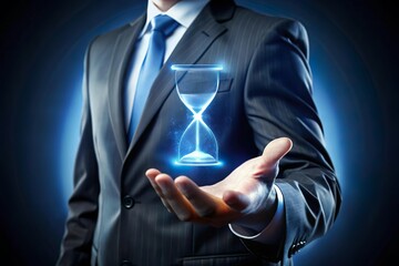 Businessman hand hold glowing hourglass holograph