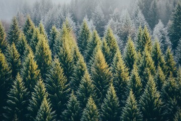  A stunning winter landscape during sunset where a dense forest of vibrant green pine trees with generative ai