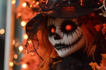 A creepy witch figure with glowing red eyes and stitched mouth makeup, surrounded by orange and black Halloween decor.