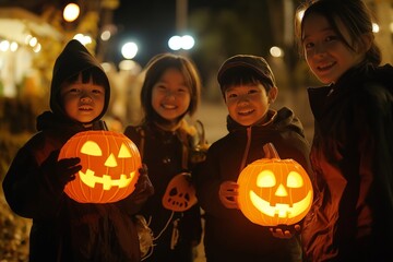 Four happy children in costumes hold glowing jack-o-lanterns during Halloween night celebrations outdoors.