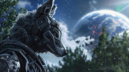 Sticker - Cybernetic Wolf in a Futuristic Landscape