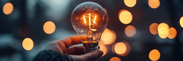 A hand holds a glowing lightbulb against a backdrop of warm bokeh lights, symbolizing creativity and ideas.