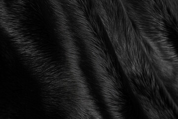 macro image of luxurious fluffy black fur texture. top view of soft, colorful background with wavy p