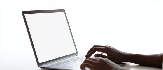 a person typing on an open laptop with a blank screen, white background, close-up view Web banner with copy space for text on the right side, neutral color palette Generative AI