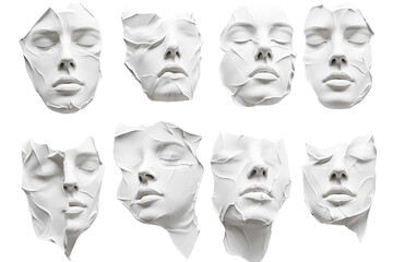 collection of abstract white sculpted faces with various expressions and distortions, isolated on tr