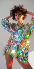 Aufkleber - Fashion Model in Festive Iridescent Silver Holographic T-Shirt Dress Posing on White Background