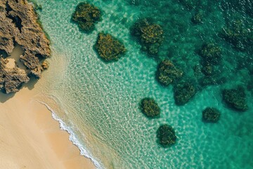 Wall Mural - aerial photography,shorelines of philippines, camera looking towards the ocean horizon, clear water with visible sand and rocks underneath with generative ai