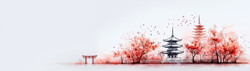 Watercolor Landscape of Two Pagodas with a Torii Gate Lush Red Trees and Falling Petals in the Distance