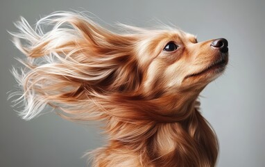 with pretty woman hair dog isolated on clear gray background 