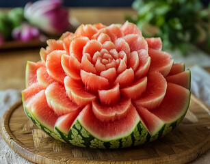 Watermelon carved into the shape of a flower.