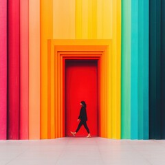 Wall Mural - a person walking through a rainbow-colored doorway, symbolizing the journey of self-discovery and wo