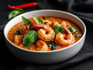 Wall Mural - Closeup of a White Bowl with Spicy Shrimp Curry Basil and Red Chili Peppers on Black Fabric